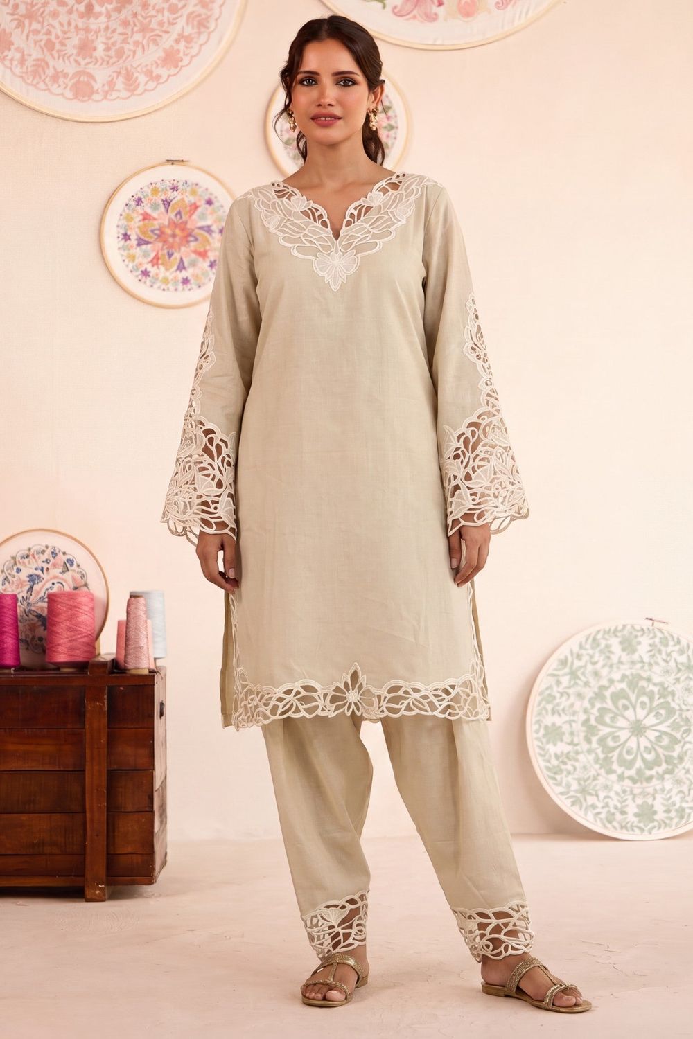 Beige Embroidered Lawn Kurta Set Online in Dubai UAE Abudhabi Ajman Sharjah