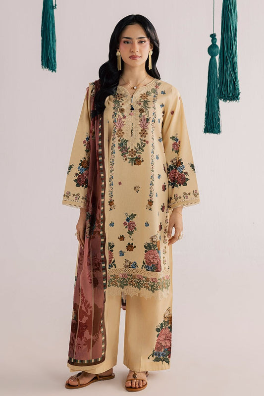 Beige Embroidered Lawn Kurta Set Online in Dubai UAE Abudhabi Ajman Sharjah