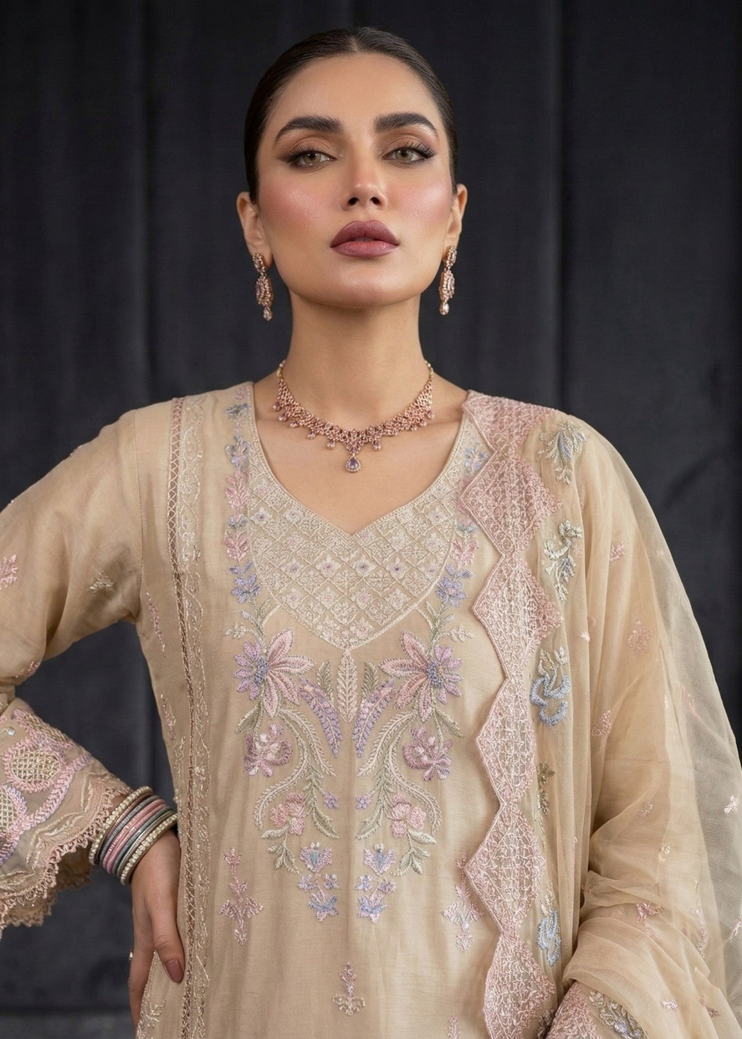 Beige Embroidered Lawn Ladies Salwar Kameez Online in UK USA Canada
