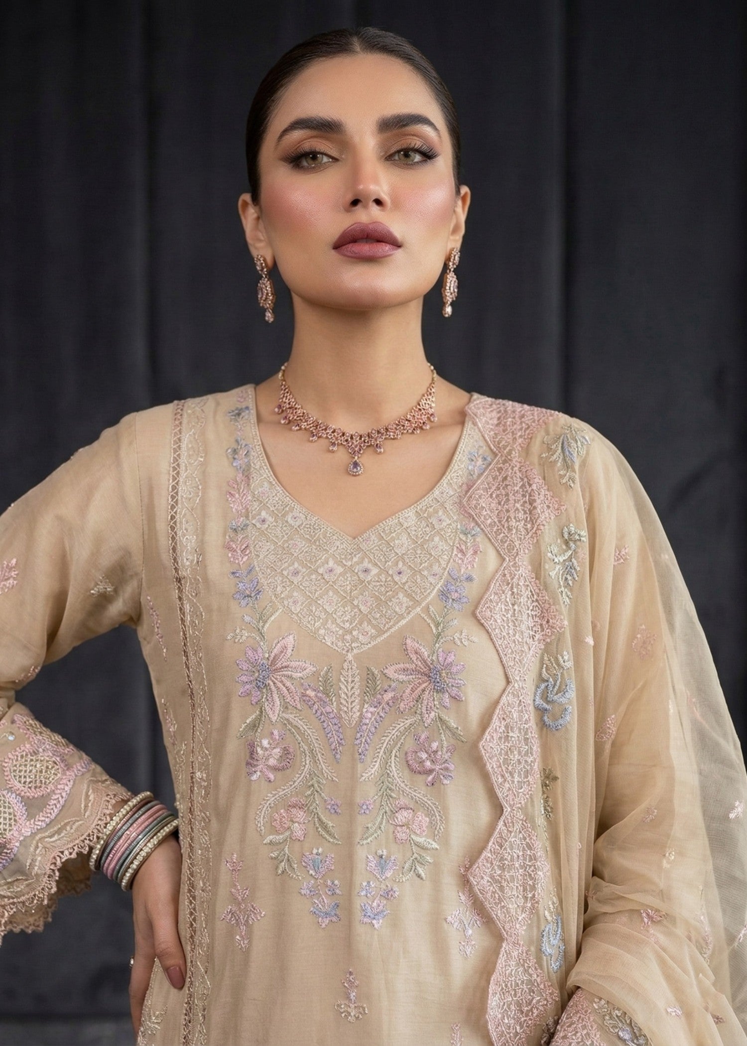 Beige Embroidered Lawn Ladies Salwar Kameez Online in UK USA Canada