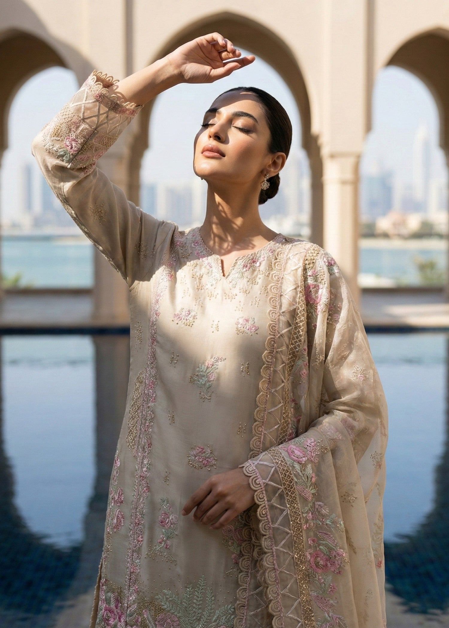 Beige Embroidered Lawn Party Wear Salwar Kameez Online in Dubai UAE Abudhabi Ajman Sharjah