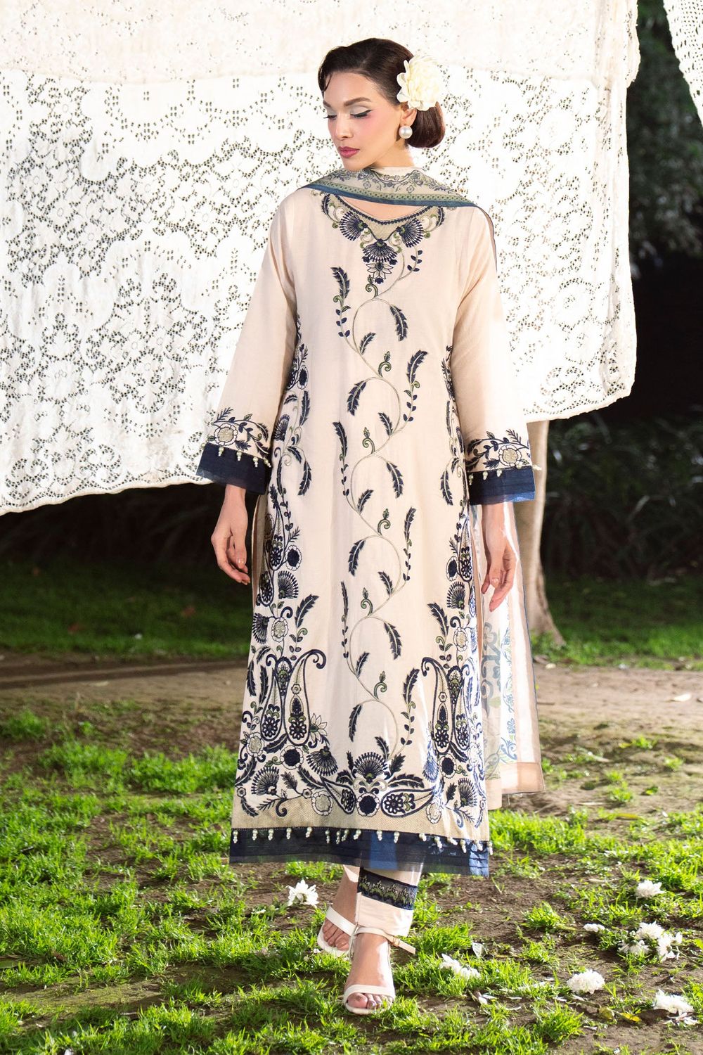 Beige Embroidered Lawn Partywear Suit Online in Dubai UAE Abudhabi Ajman Sharjah