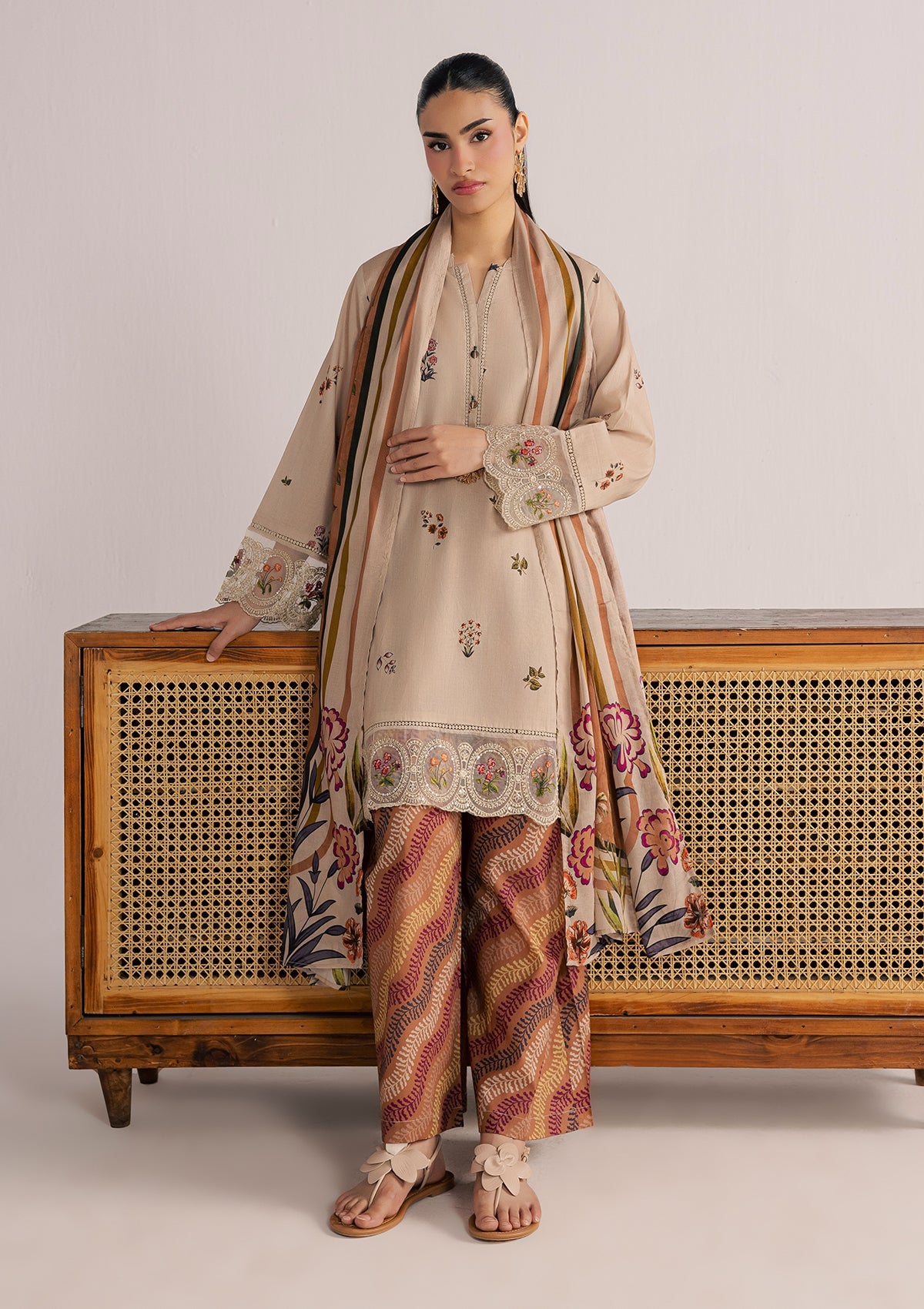 Beige Embroidered Lawn Readymade Suit Online in Dubai UAE Abudhabi Ajman Sharjah