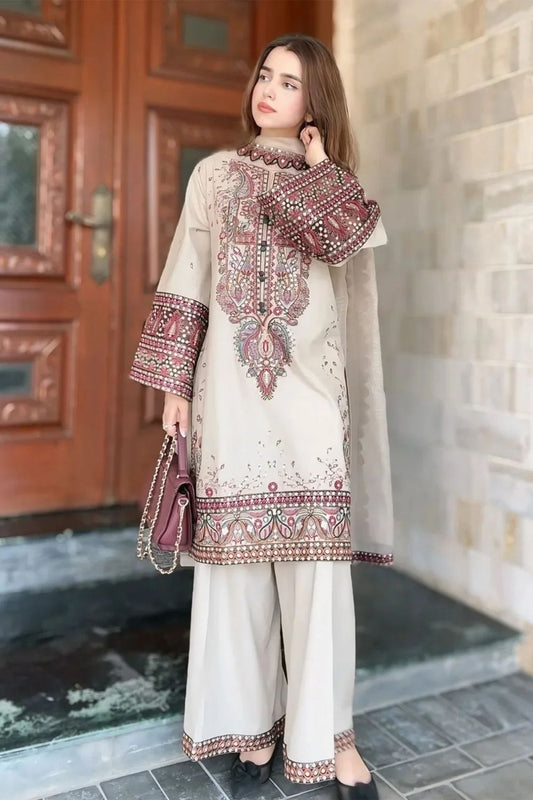 Beige Embroidered Lawn Salwar Kameez Online in Dubai UAE Abudhabi Ajman Sharjah