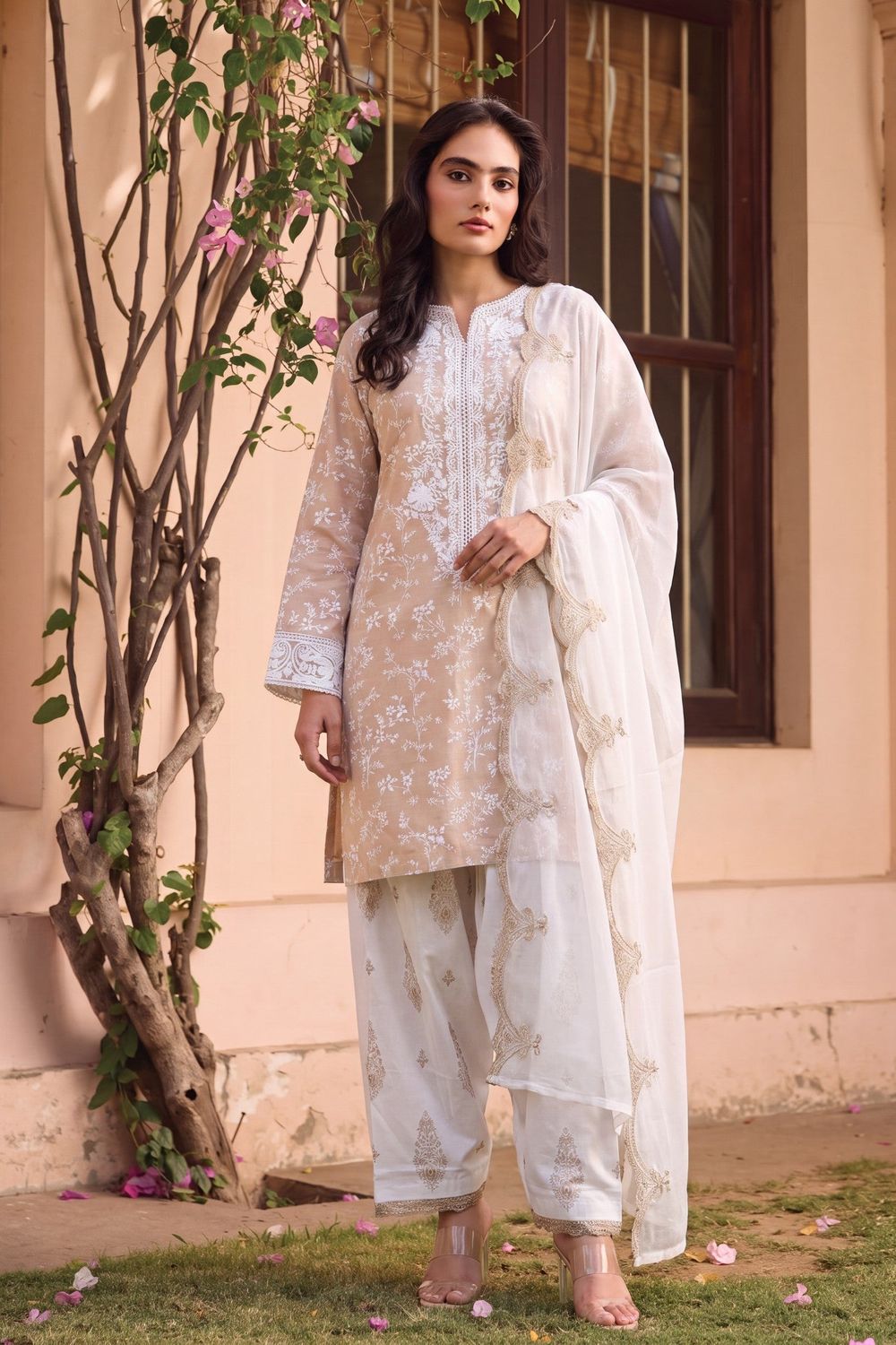 Beige Embroidered Lawn Shalwar Kameez Online in Dubai UAE Abudhabi Ajman Sharjah