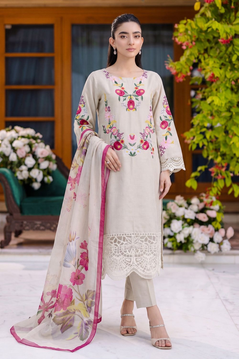 Beige Embroidered Lawn Straight Kurta Set Online in Dubai UAE Abudhabi Ajman Sharjah
