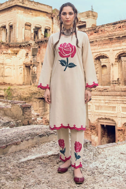 Beige Embroidered Lawn Straight Kurta Set Online in Dubai UAE Abudhabi Ajman Sharjah