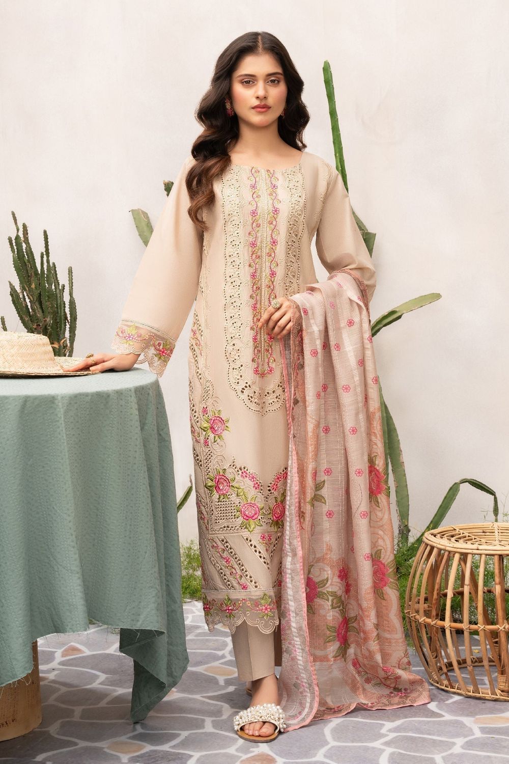 Beige Embroidered Lawn Straight Kurta Suit Online in Dubai UAE Abudhabi Ajman Sharjah