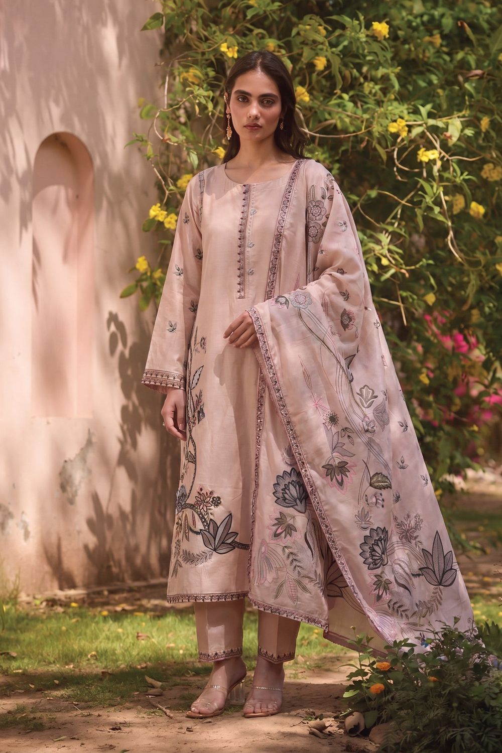 Beige Embroidered Lawn Suit Online in Dubai UAE Abudhabi Ajman Sharjah