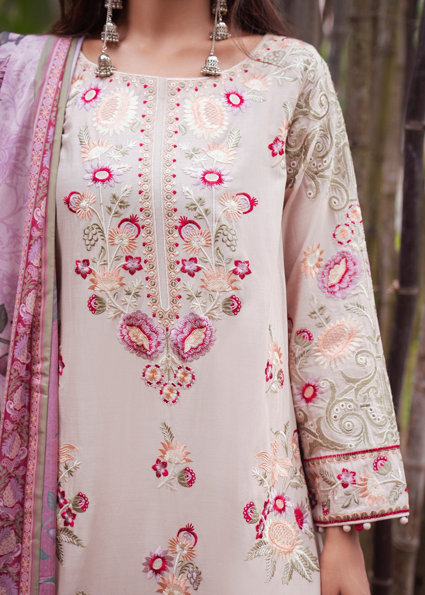 Beige Embroidered Lawn Three Piece Dress Material Online in Dubai UAE Abudhabi Ajman Sharjah