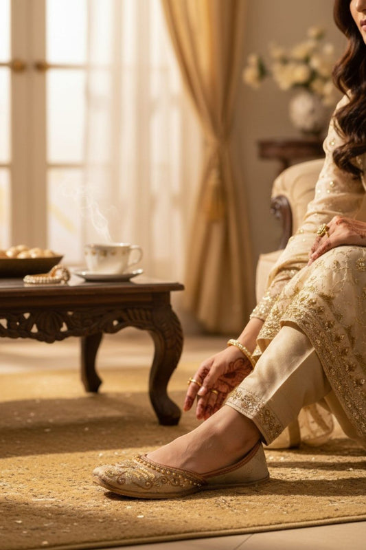 Beige Embroidered Leather Khussa Online in Dubai UAE Abudhabi Ajman Sharjah