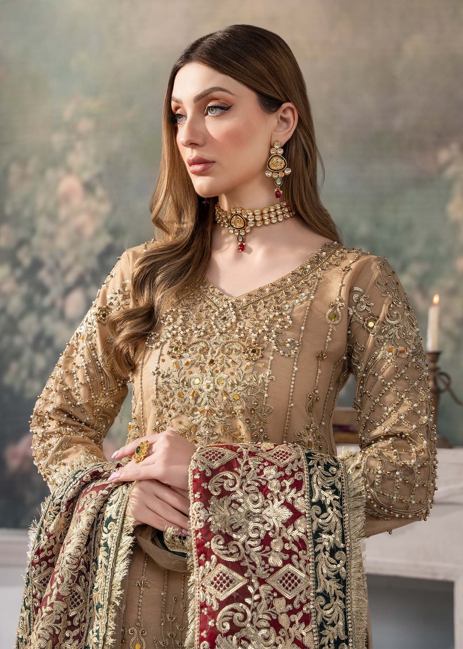 Beige Embroidered Net Dupatta Set Online in Dubai DXB UAE Abudhabi Meena Bazaar