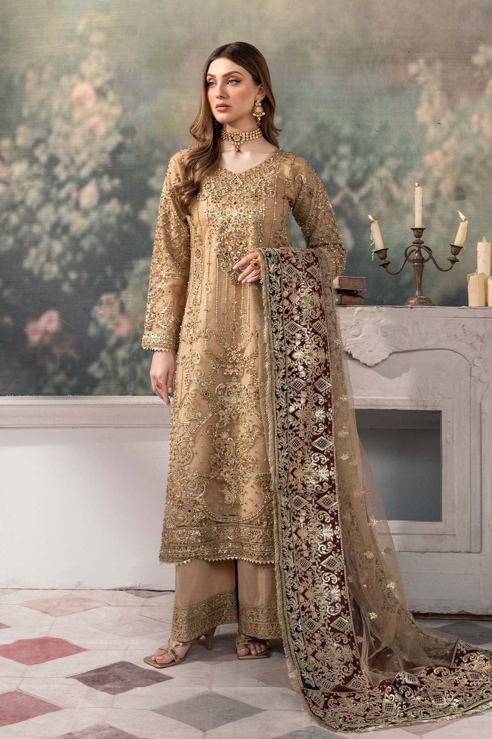 Beige Embroidered Net Straight Cut Kurta Suit Online in Dubai UAE Abudhabi Ajman Sharjah