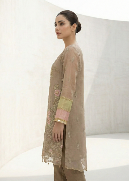 Beige Embroidered Organza 3 Piece Suit Online in Dubai DXB UAE Abudhabi Meena Bazaar