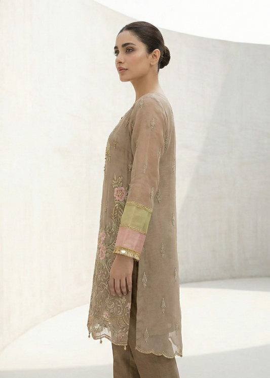 Beige Embroidered Organza 3 Piece Suit Online in Dubai DXB UAE Abudhabi Meena Bazaar