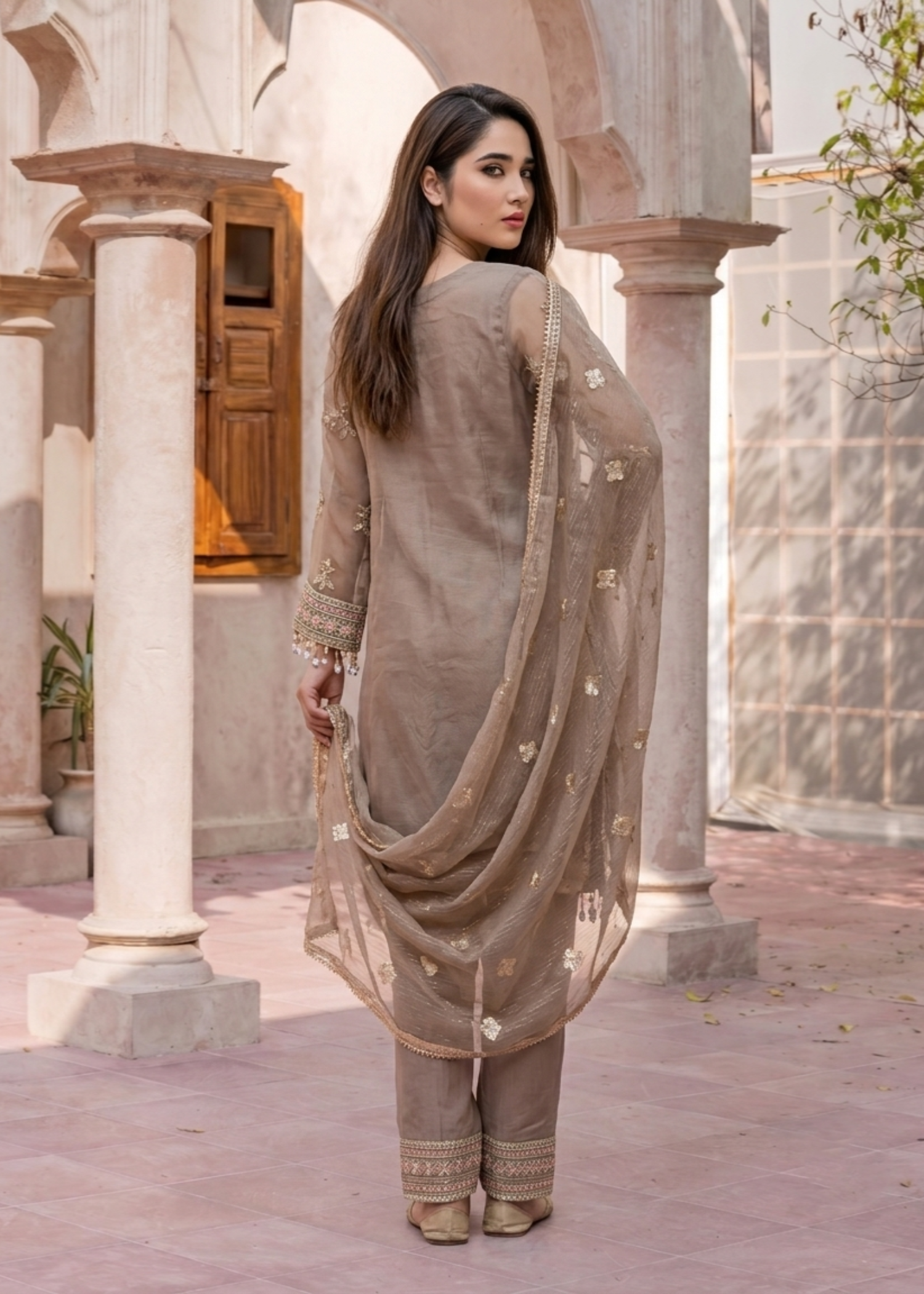 Beige Embroidered Organza Festive Salwar Kameez Online in UK USA Canada