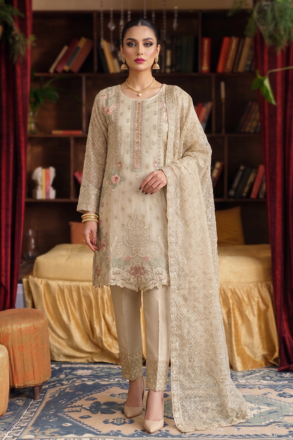 Beige Embroidered Organza Festive Suit Online in Dubai UAE Abudhabi Ajman Sharjah
