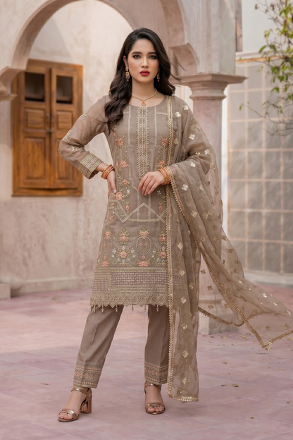 Beige Embroidered Organza Festive Suit Online in Dubai UAE Abudhabi Ajman Sharjah