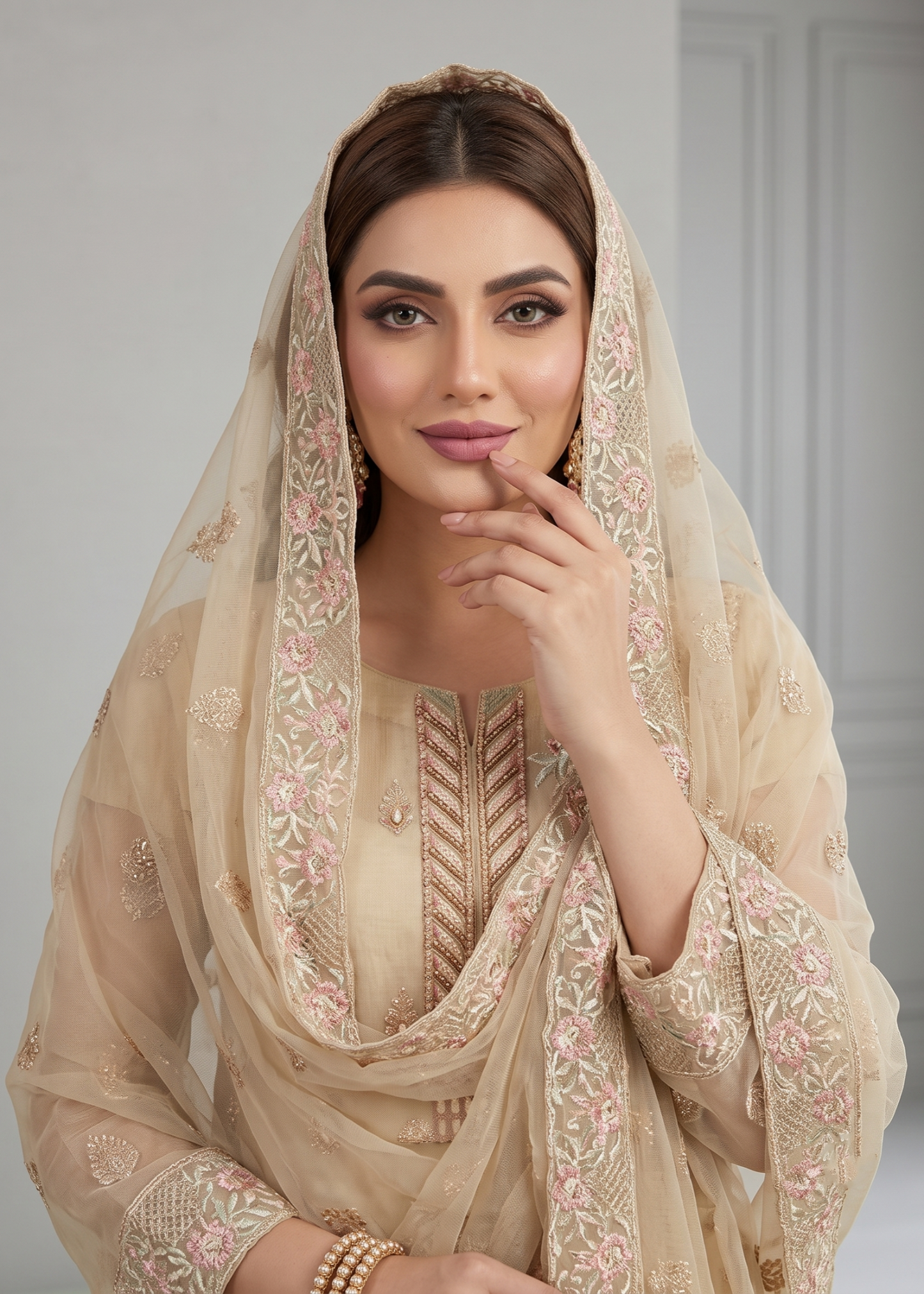 Beige Embroidered Organza Festive Suit Online in Sri Lanka India Australia