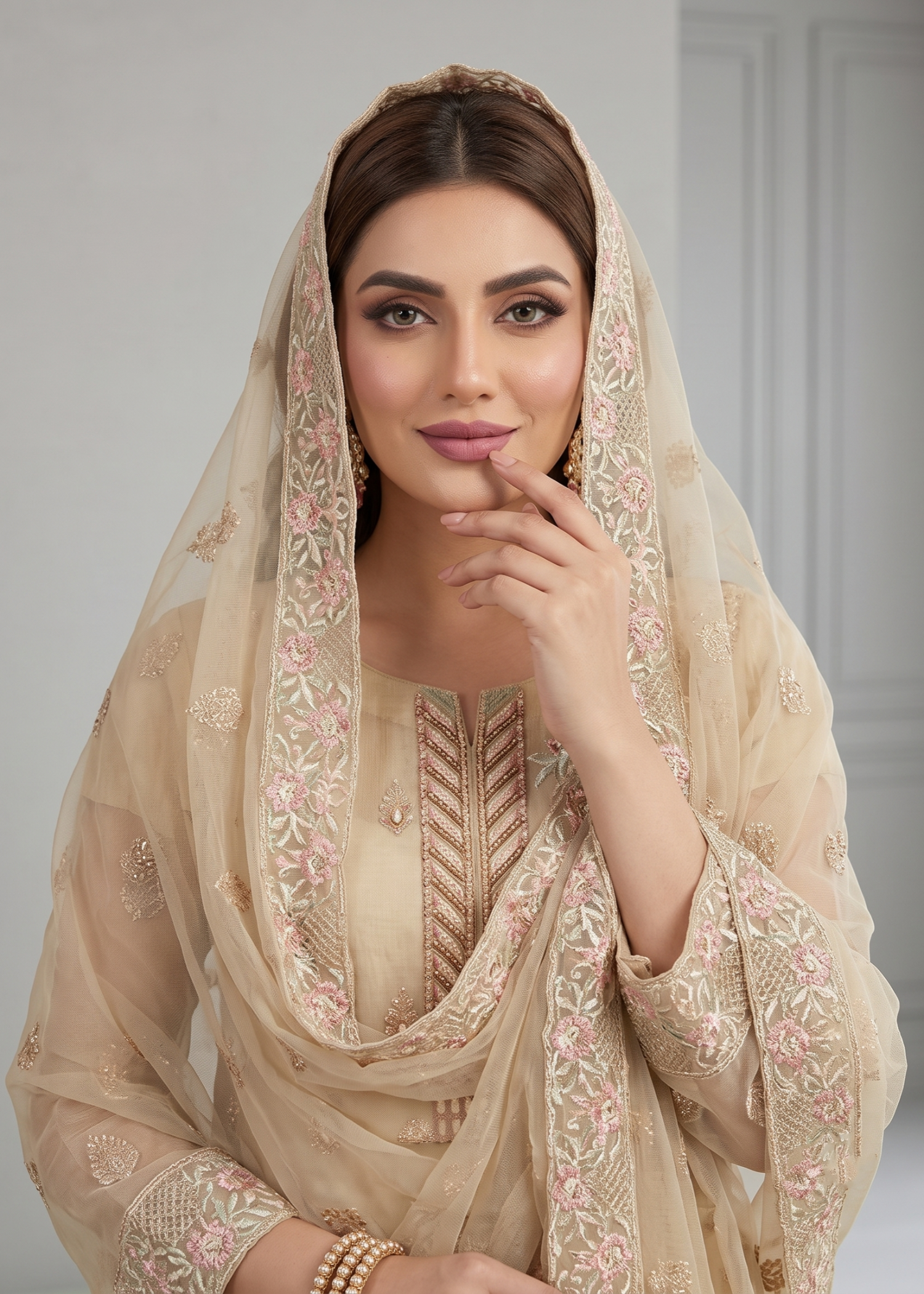Beige Embroidered Organza Festive Suit Online in Sri Lanka India Australia