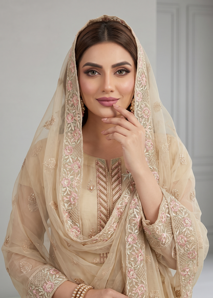 Beige Embroidered Organza Festive Suit Online in Sri Lanka India Australia