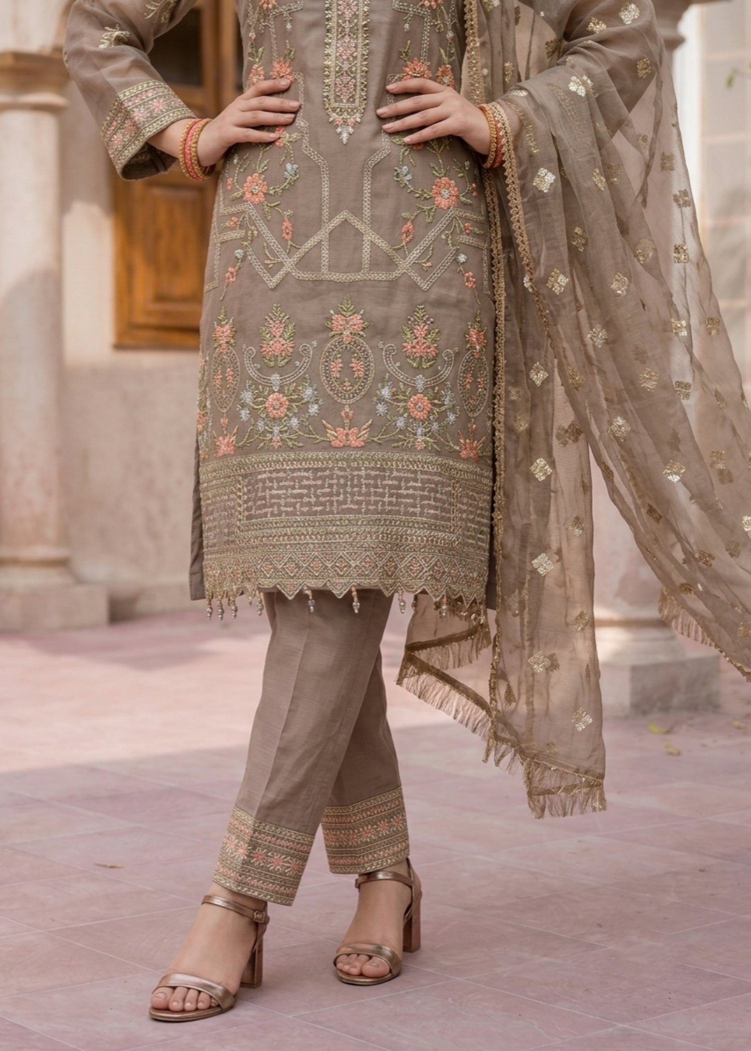Beige Embroidered Organza Festive Wear Suit Online in Dubai UAE Abudhabi Ajman Sharjah