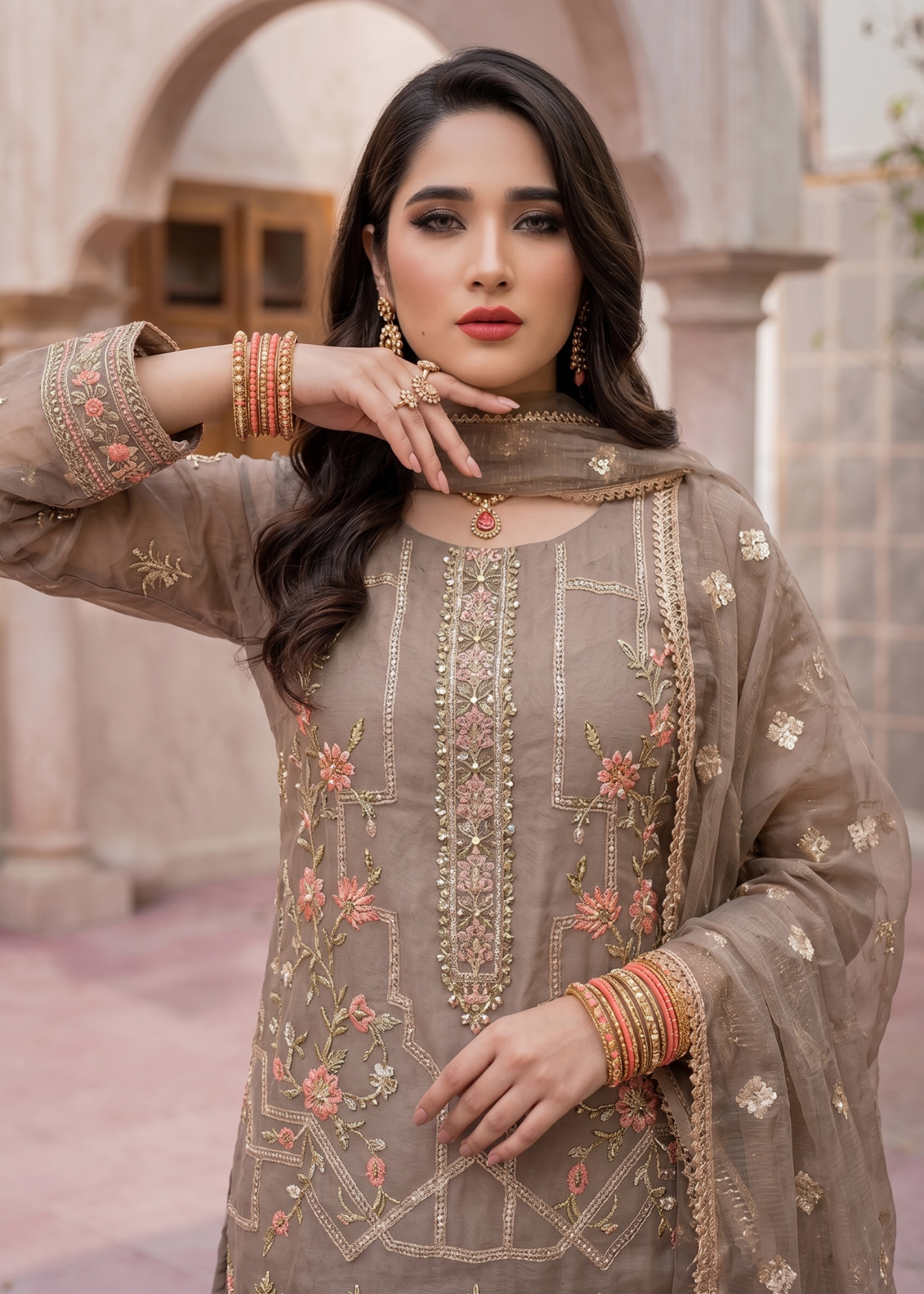 Beige Embroidered Organza Pakistani Suit Online in Sri Lanka India Australia