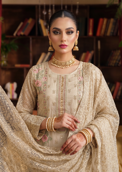 Beige Embroidered Organza Pakistani Suit Online in UK USA Canada