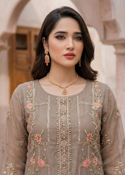 Beige Embroidered Organza Party Wear Salwar Suit Online in Dubai UAE Abudhabi Ajman Sharjah