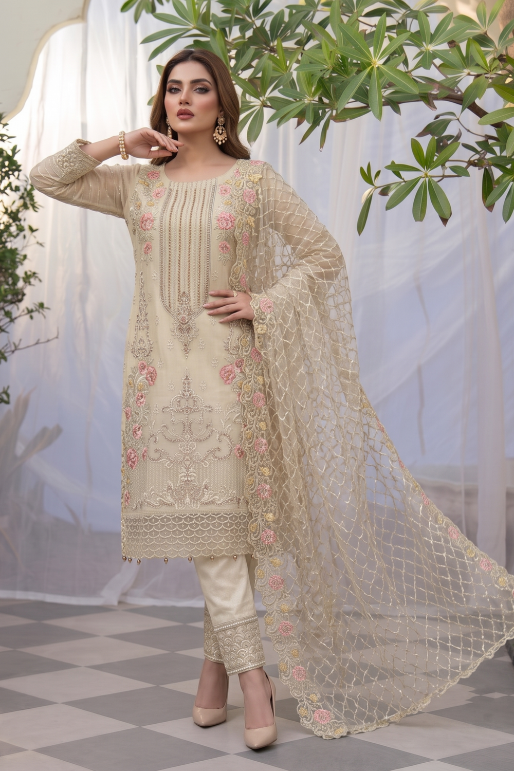 Beige Embroidered Organza Partywear Suit Online in Dubai UAE Abudhabi Ajman Sharjah