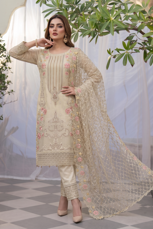 Beige Embroidered Organza Partywear Suit Online in Dubai UAE Abudhabi Ajman Sharjah
