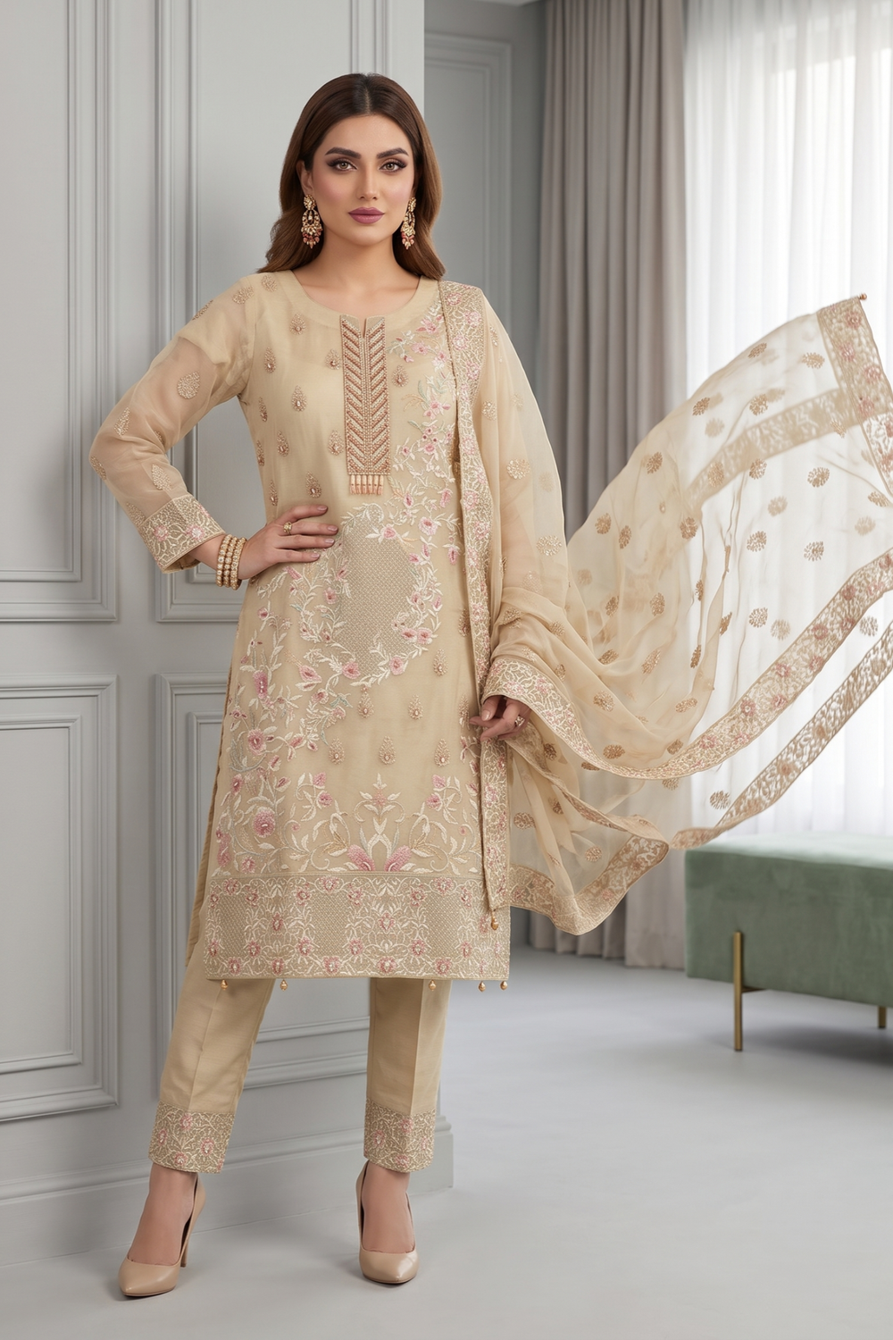 Beige Embroidered Organza Salwar Kameez Online in Dubai UAE Abudhabi Ajman Sharjah
