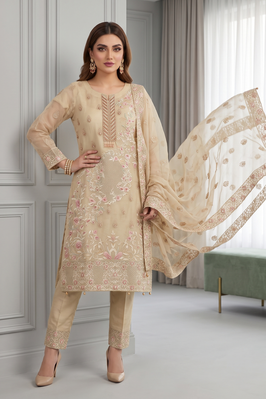 Beige Embroidered Organza Salwar Kameez Online in Dubai UAE Abudhabi Ajman Sharjah