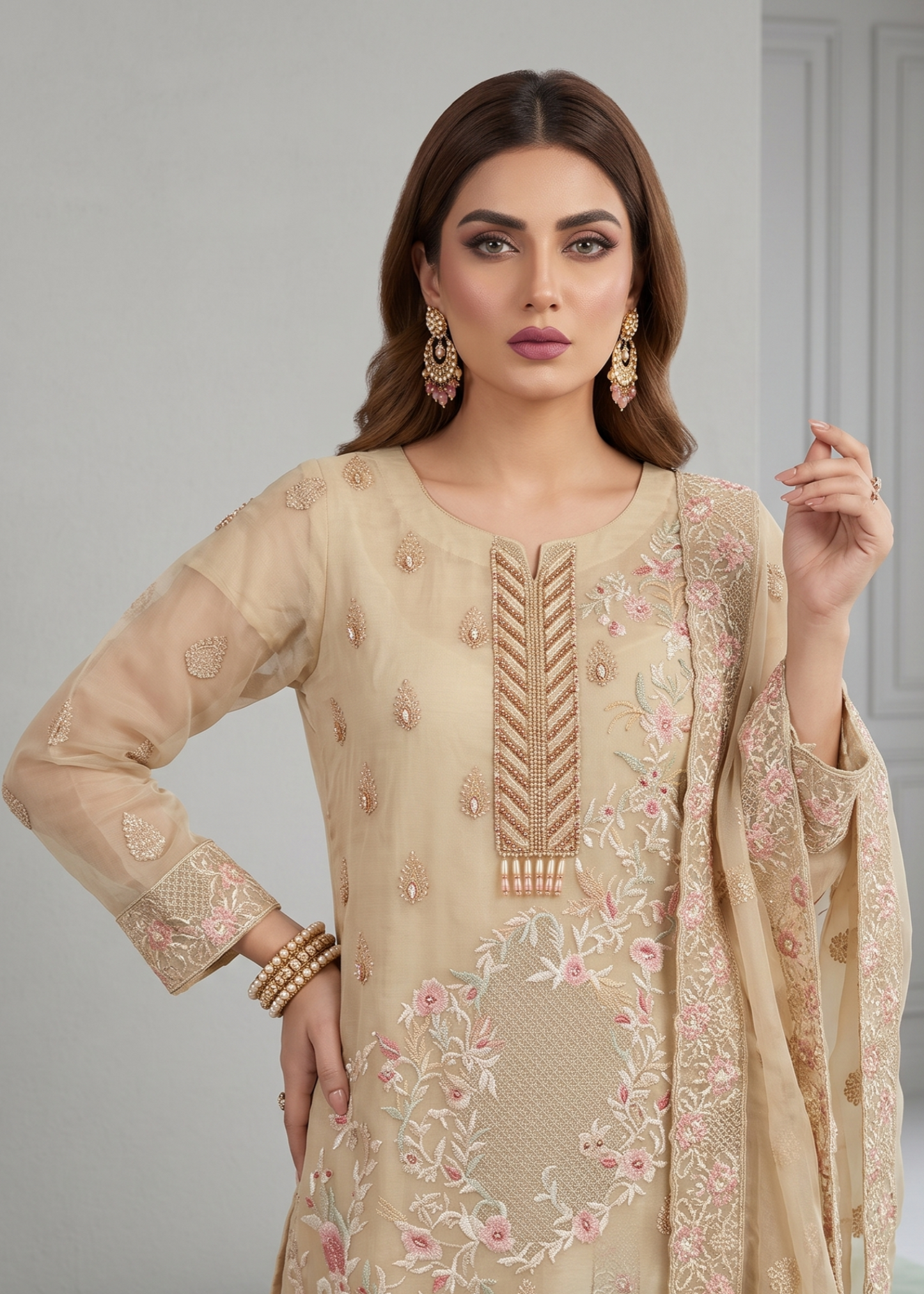 Beige Embroidered Organza Straight Kurta Suit Online in Dubai UAE Abudhabi Ajman Sharjah