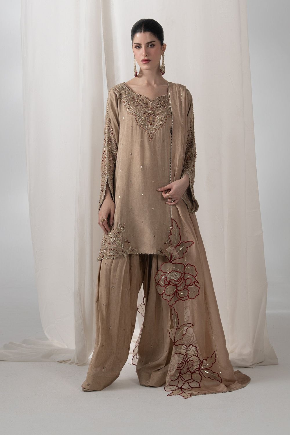 Beige Embroidered Raw Silk Farshi Shalwar Online in Dubai UAE Abudhabi Ajman Sharjah