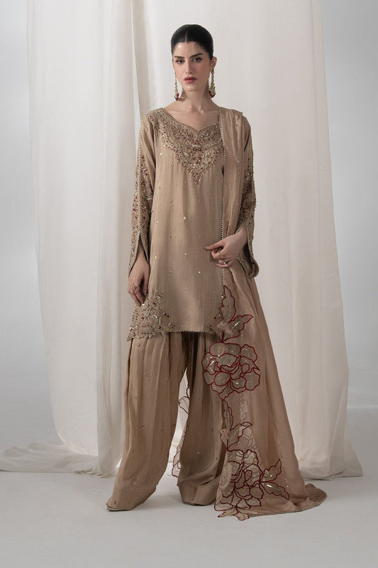 Beige Embroidered Raw Silk Farshi Shalwar Online in Dubai UAE Abudhabi Ajman Sharjah