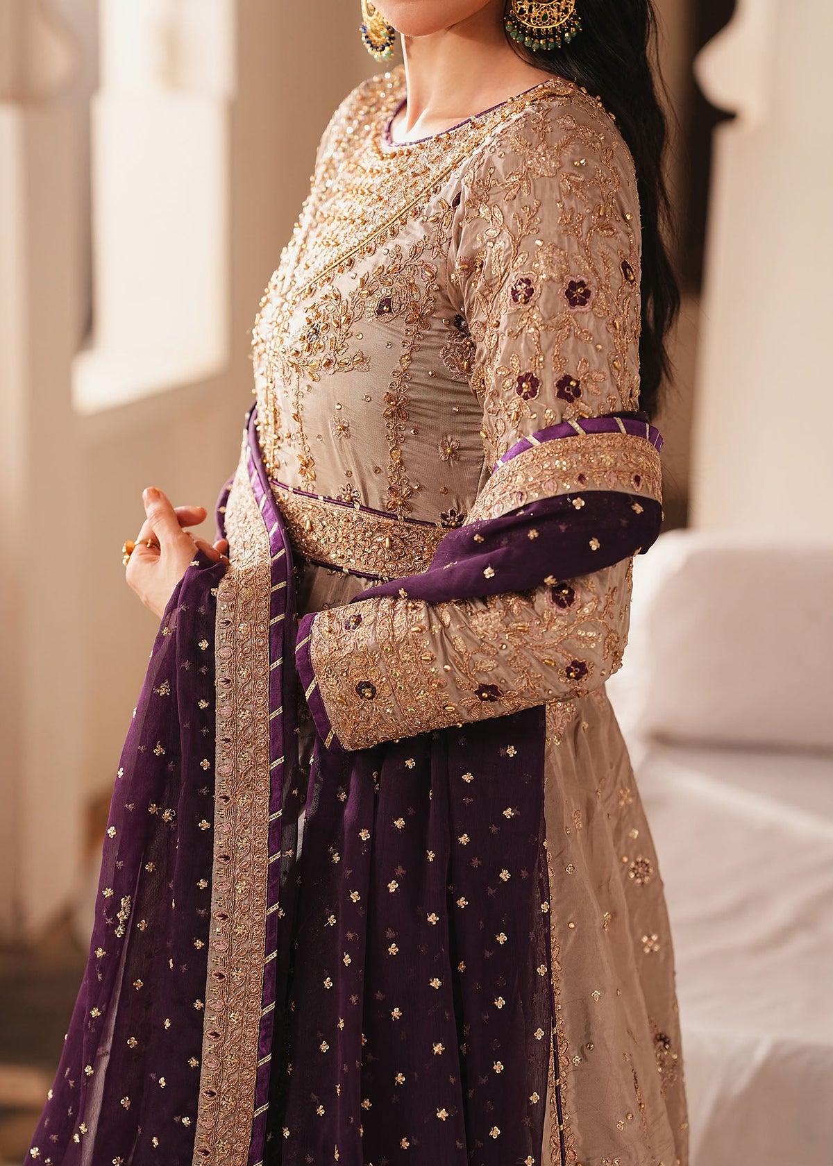 Beige Embroidered Silk Anarkali Dress Online in Dubai DXB UAE Abudhabi Meena Bazaar