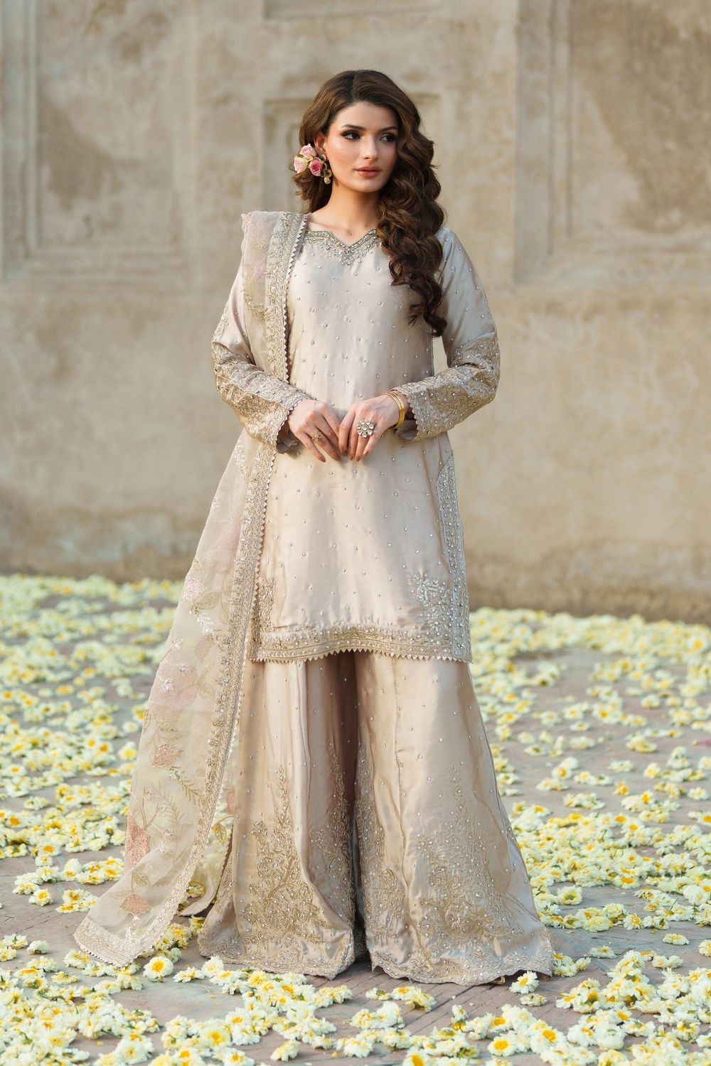 Beige Embroidered Silk Charmeuse Salwar Kameez Online in Dubai UAE Abudhabi Ajman Sharjah