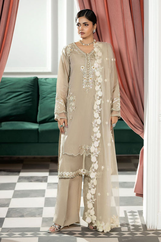 Beige Embroidered Silk Net Dupatta Partywear Suit Online in Dubai UAE Abudhabi Ajman Sharjah