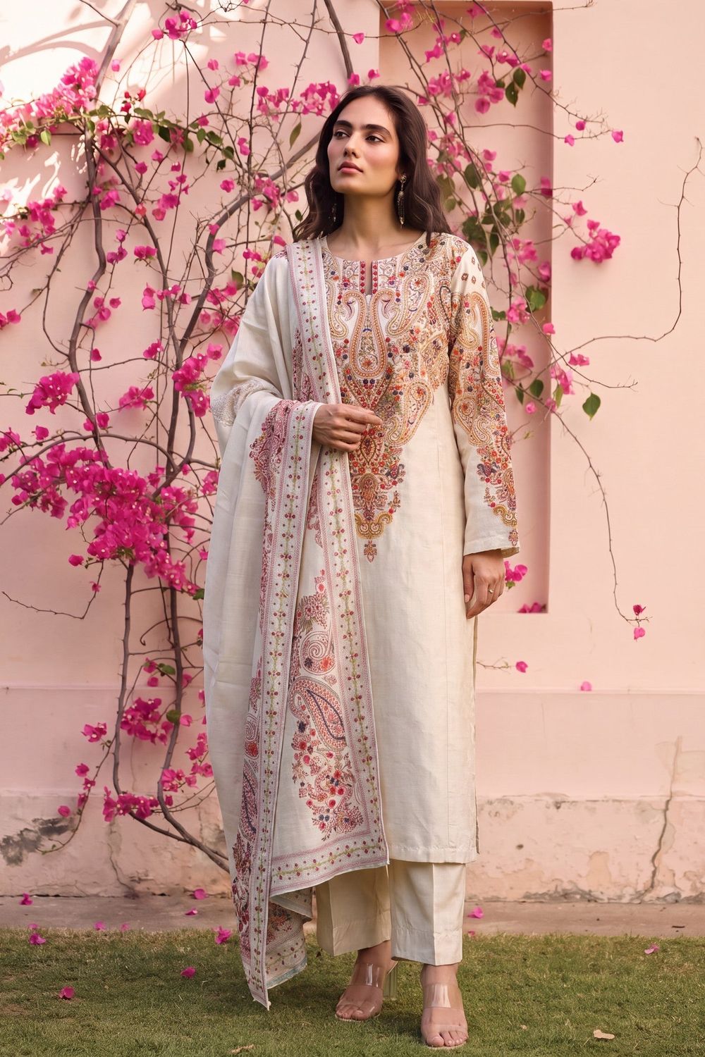 Beige Embroidered Textured Lawn Pakistani Suit Online in Dubai UAE Abudhabi Ajman Sharjah