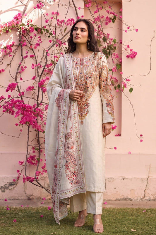 Beige Embroidered Textured Lawn Pakistani Suit Online in Dubai UAE Abudhabi Ajman Sharjah