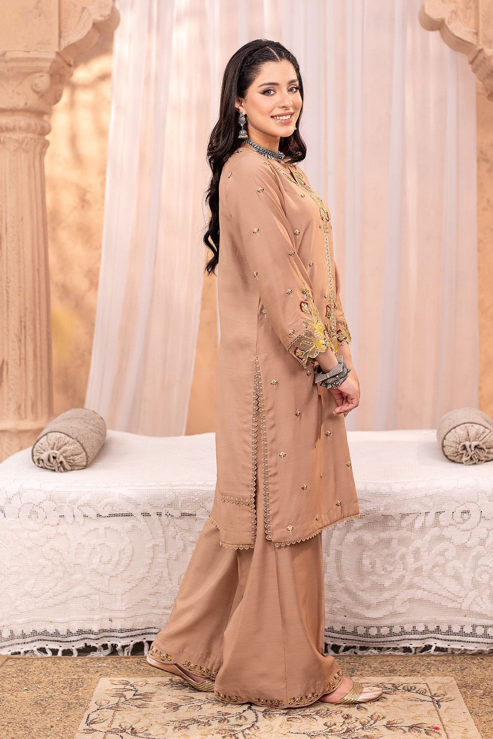 Beige Embroidered Viscose Pakistani Suit Online in Dubai UAE Abudhabi Ajman Sharjah