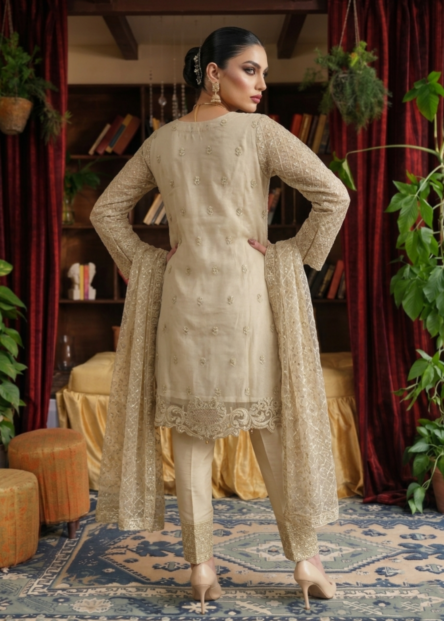 Beige Festive Embroidered Organza Suit Online in Dubai UAE Abudhabi Ajman Sharjah