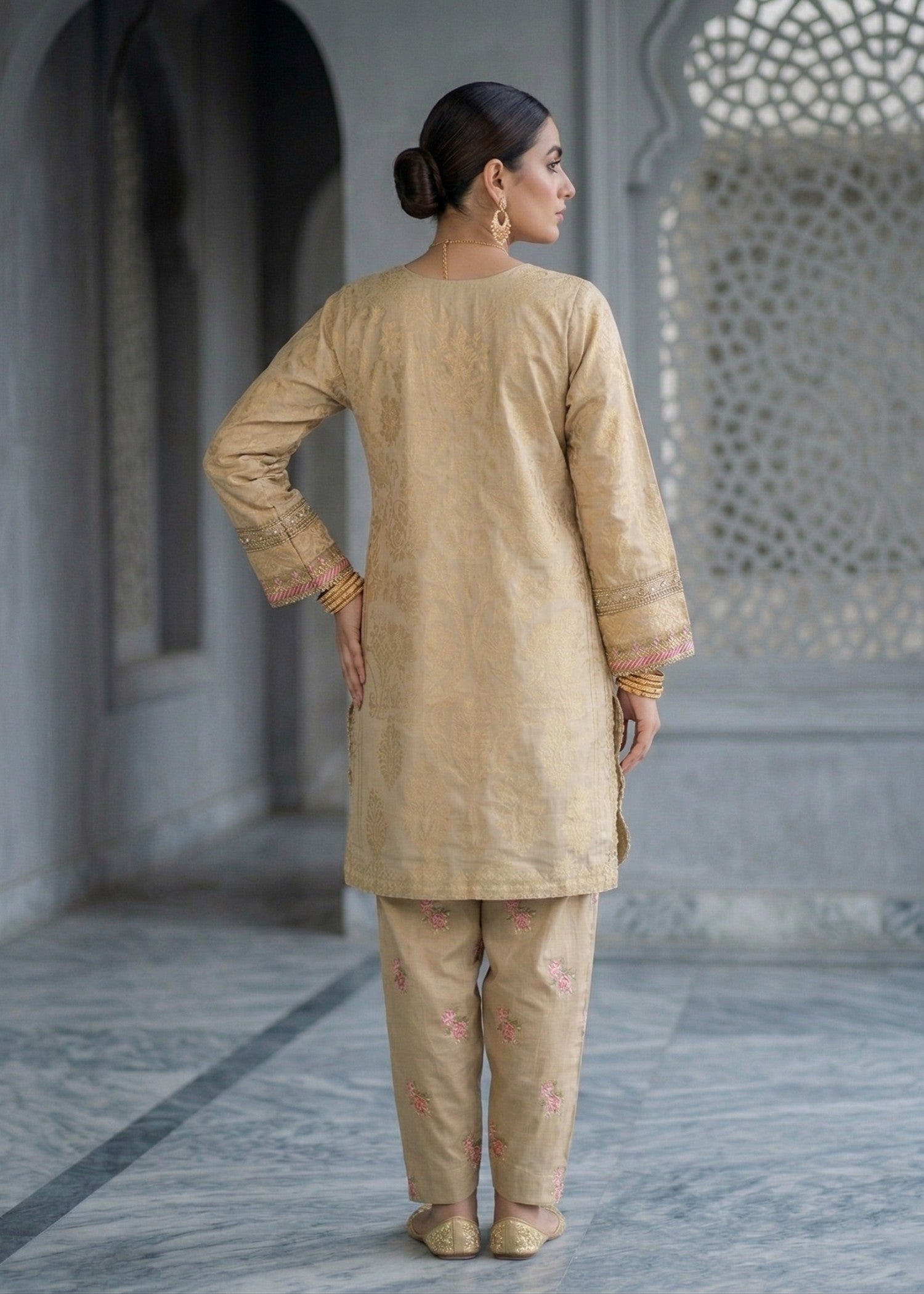 Beige Festive Wear Embroidered Suit Online in KSA Riyadh Saudi Arabia Oman Bahrain Qatar