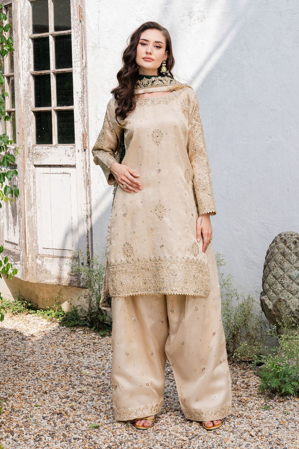 Beige Gold Embellished Charmuse Wedding Guest Suit Online in Dubai UAE Abudhabi Ajman Sharjah