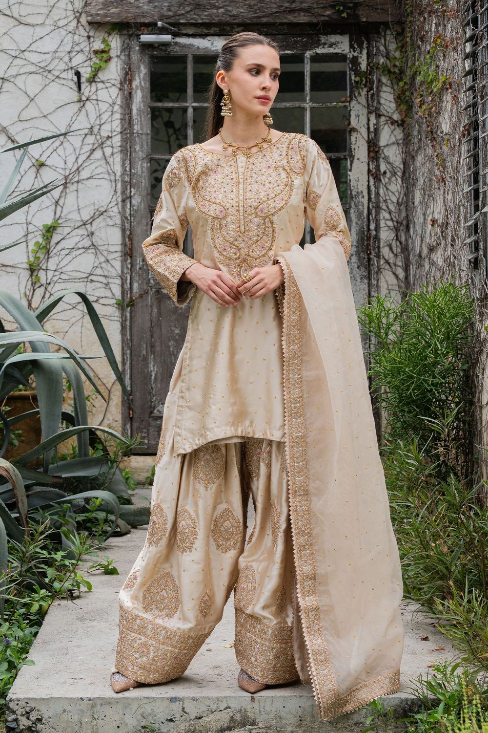 Beige Gold Embroidered Charmuse Farshi Salwar Suit Online in Dubai UAE Abudhabi Ajman Sharjah