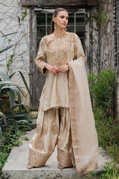 Beige Gold Embroidered Charmuse Farshi Salwar Suit Online in Dubai UAE Abudhabi Ajman Sharjah
