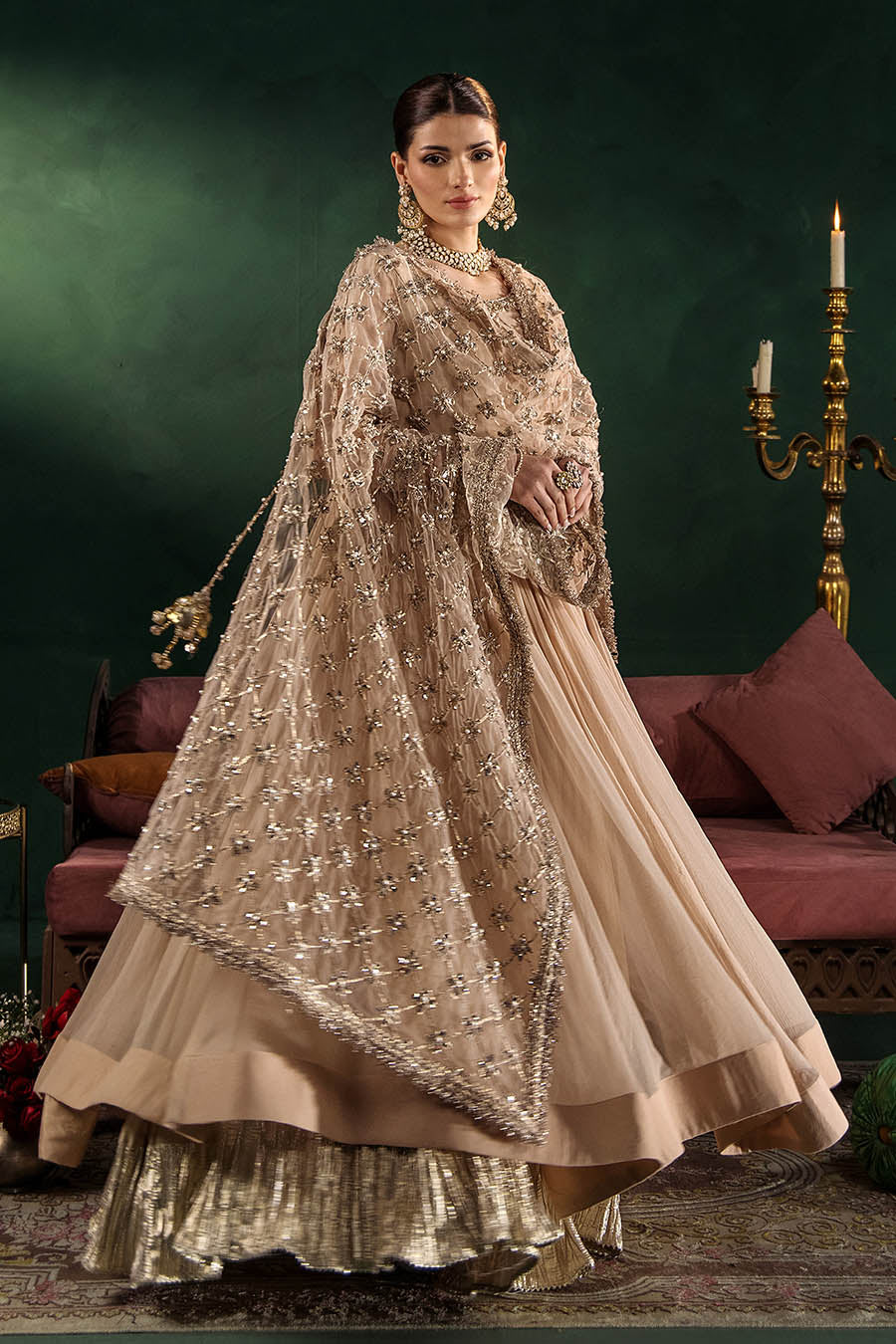 Beige Hand Embroidered Crinkle Chiffon Anarkali Peshwas Online in Dubai UAE Abudhabi Ajman Sharjah