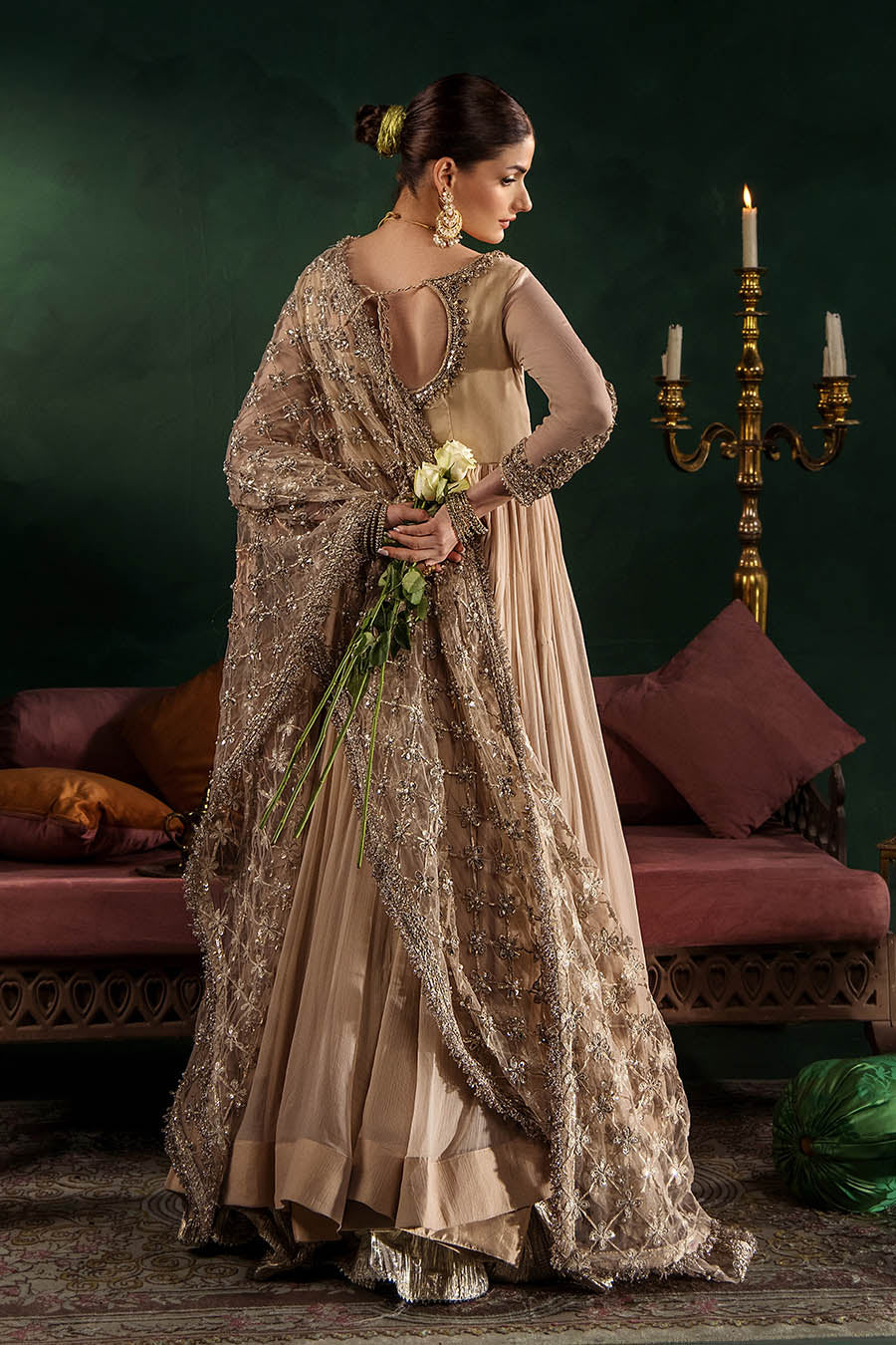 Beige Hand Embroidered Crinkle Chiffon Anarkali Peshwas Online in Dubai UAE Abudhabi Ajman Sharjah