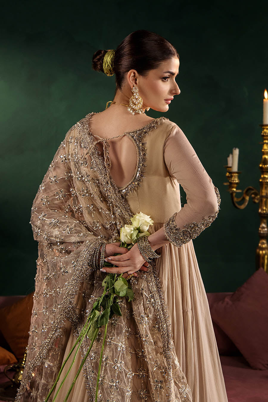 Beige Hand Embroidered Crinkle Chiffon Anarkali Peshwas Online in Dubai UAE Abudhabi Ajman Sharjah
